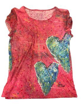 Leoma Lovegrove Womens T-Shirt Med Pink & Green Heart Art Graphic Soft Art